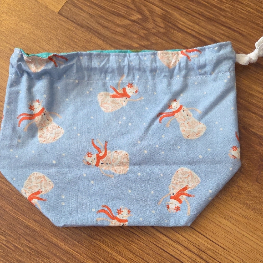 LAST CHANCE EUC Small Handmade Pull-string  Project Bag Snowman And Dot Print